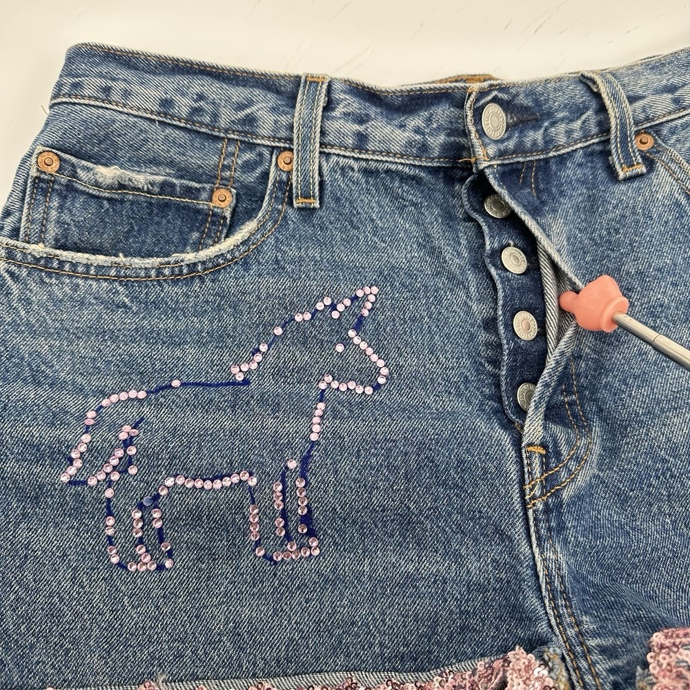 Levi's 501 Premium Custom Cutoff Shorts W30 Rhinestone Fringe Festival Y2K Denim - Picture 8 of 13